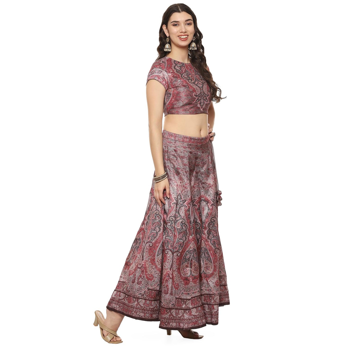 BIBA Women Printed Cotton Blend Readymade Lehenga Set (Skirt Se2190_Coffee_40)