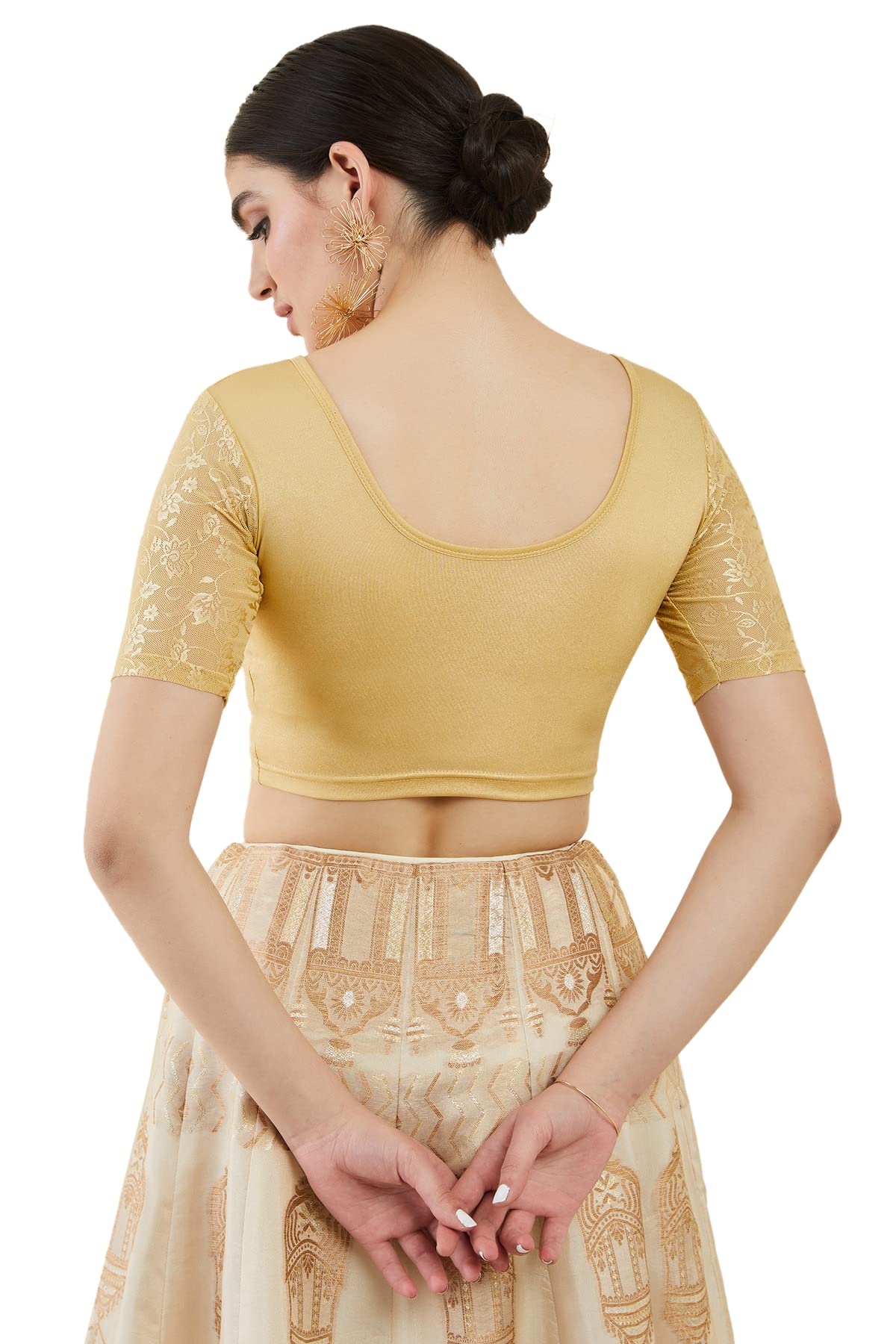 Soch Gold Spandex Princess Cut Blouse with Floral Sleeves