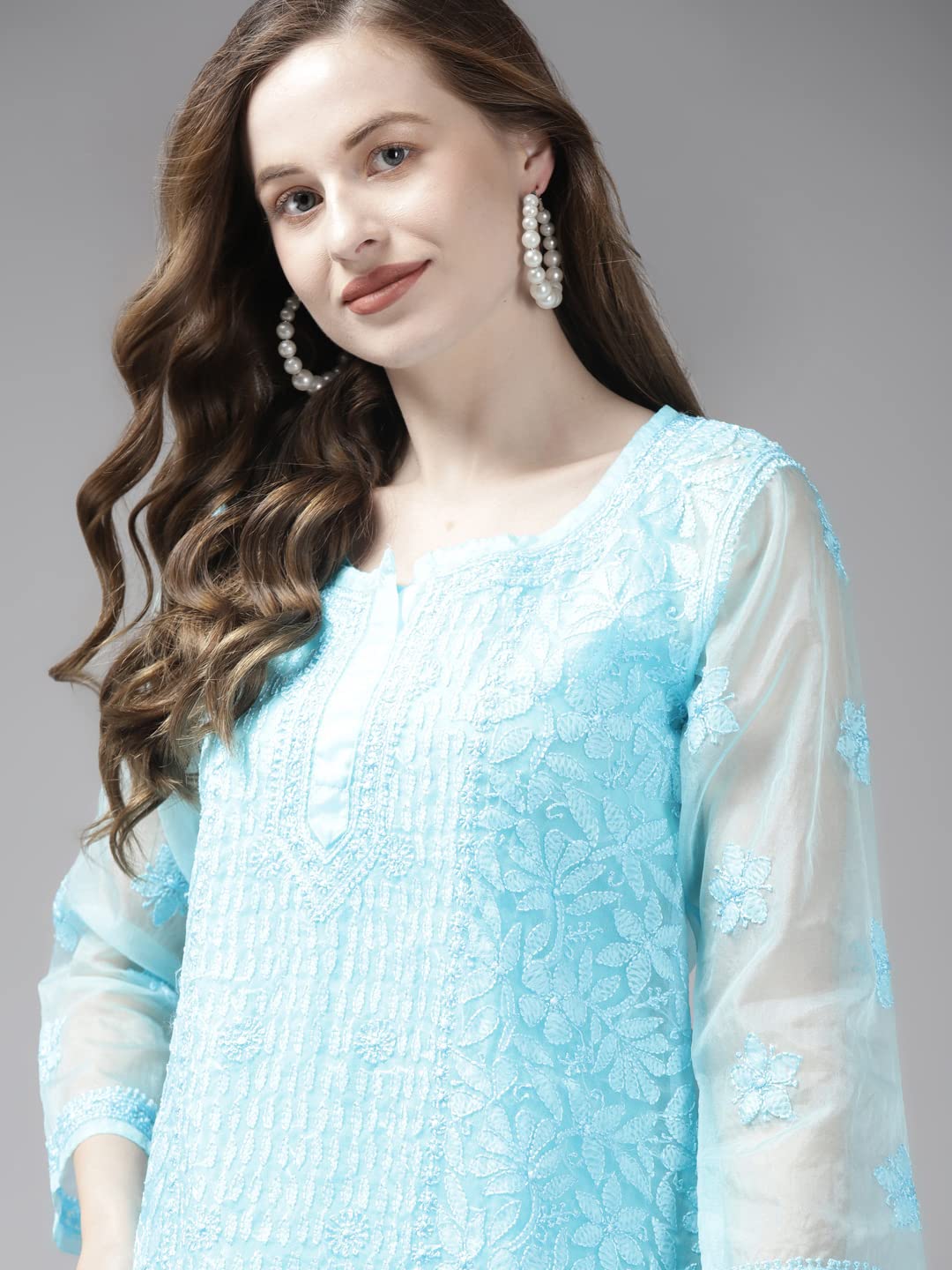 Ada Hand Embroidered Lucknowi Chikankari Women's Organza Kurti Tunic top with Slip A911166 (S, Blue)