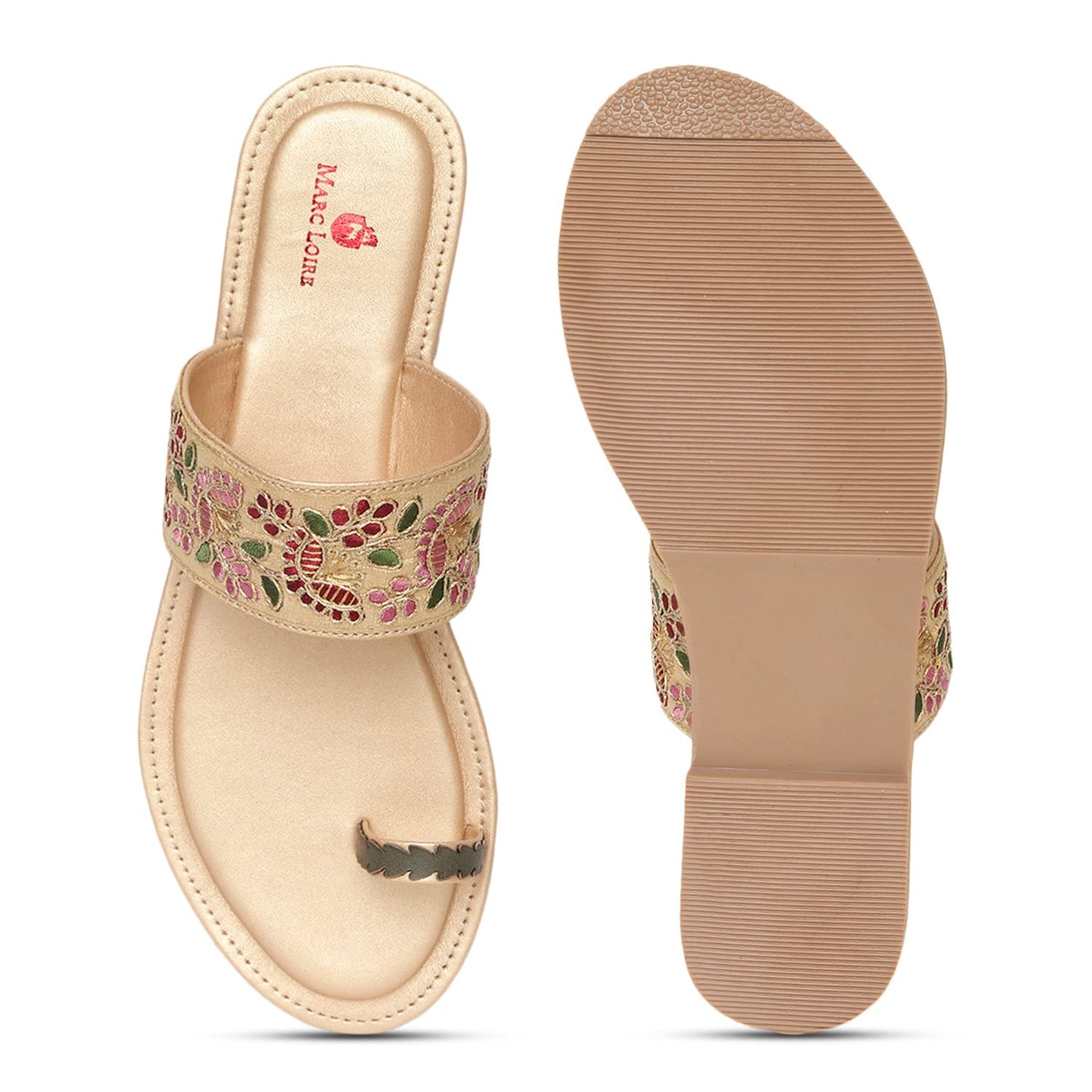 Marc Loire Women's Golden Embroidered Slip On Ethnic Flats Chappals, 8 UK