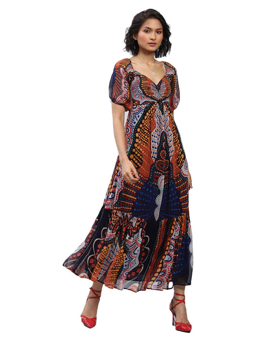 Label RITU KUMAR Sweetheart Neck Printed Long Dress Black