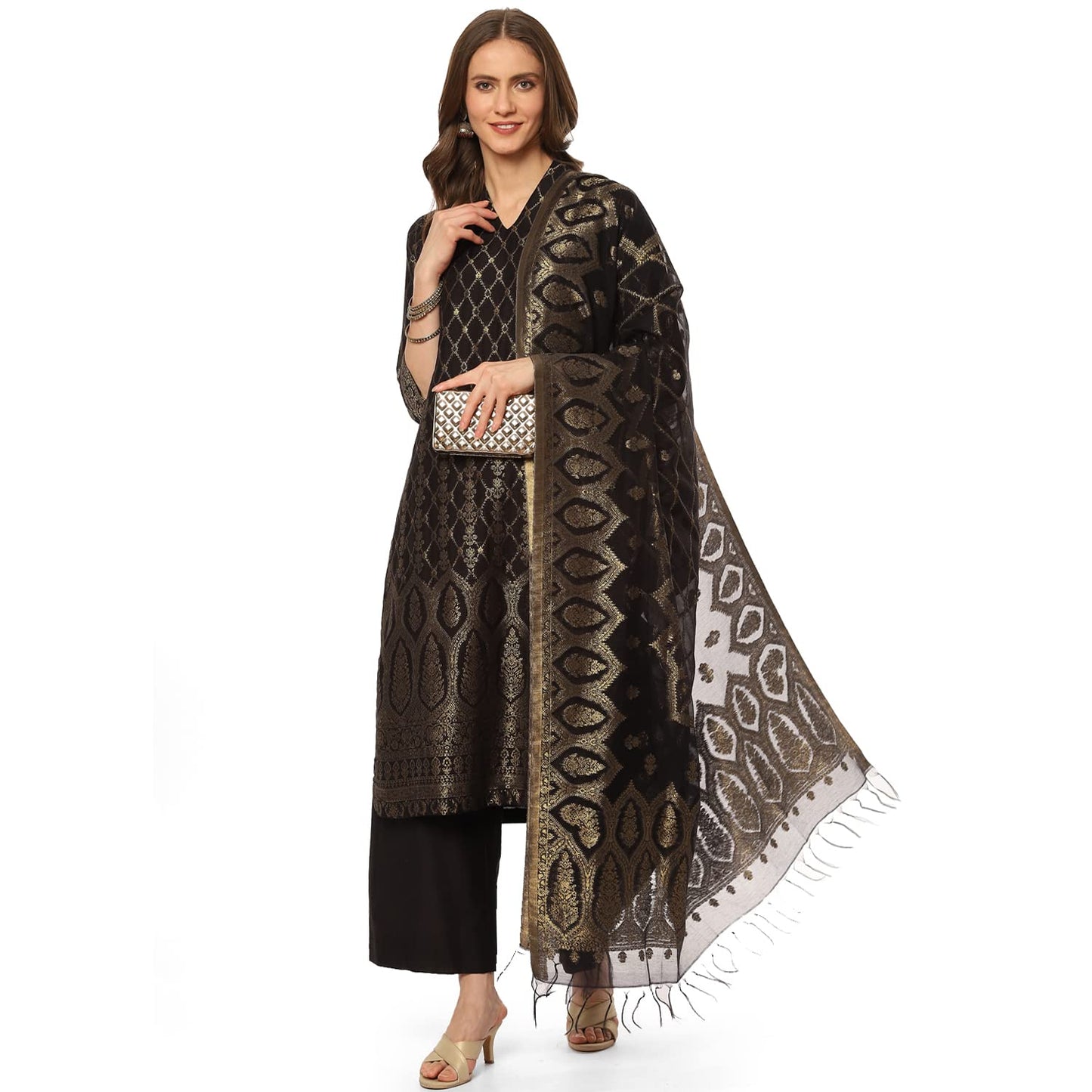 BIBA WOMEN YARNDYED STRAIGHT SALWAR KURTA DUPATTA(SKDASSORTED8389_BLACK_42)