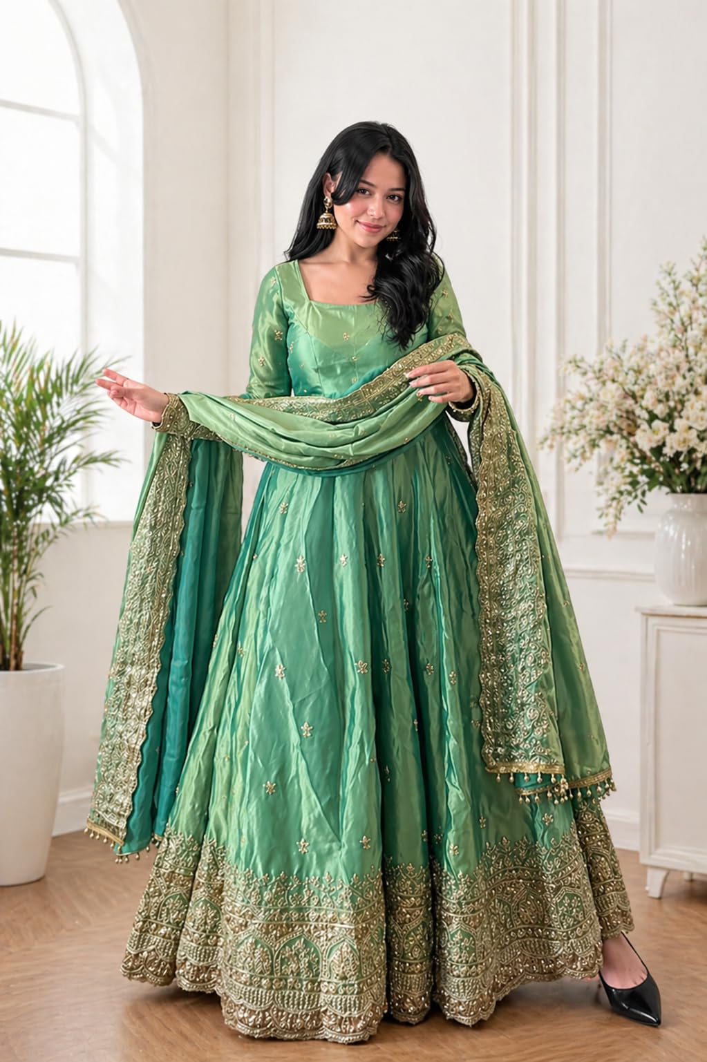 Women’s Embroidered Green Anarkali Dress with Dupatta