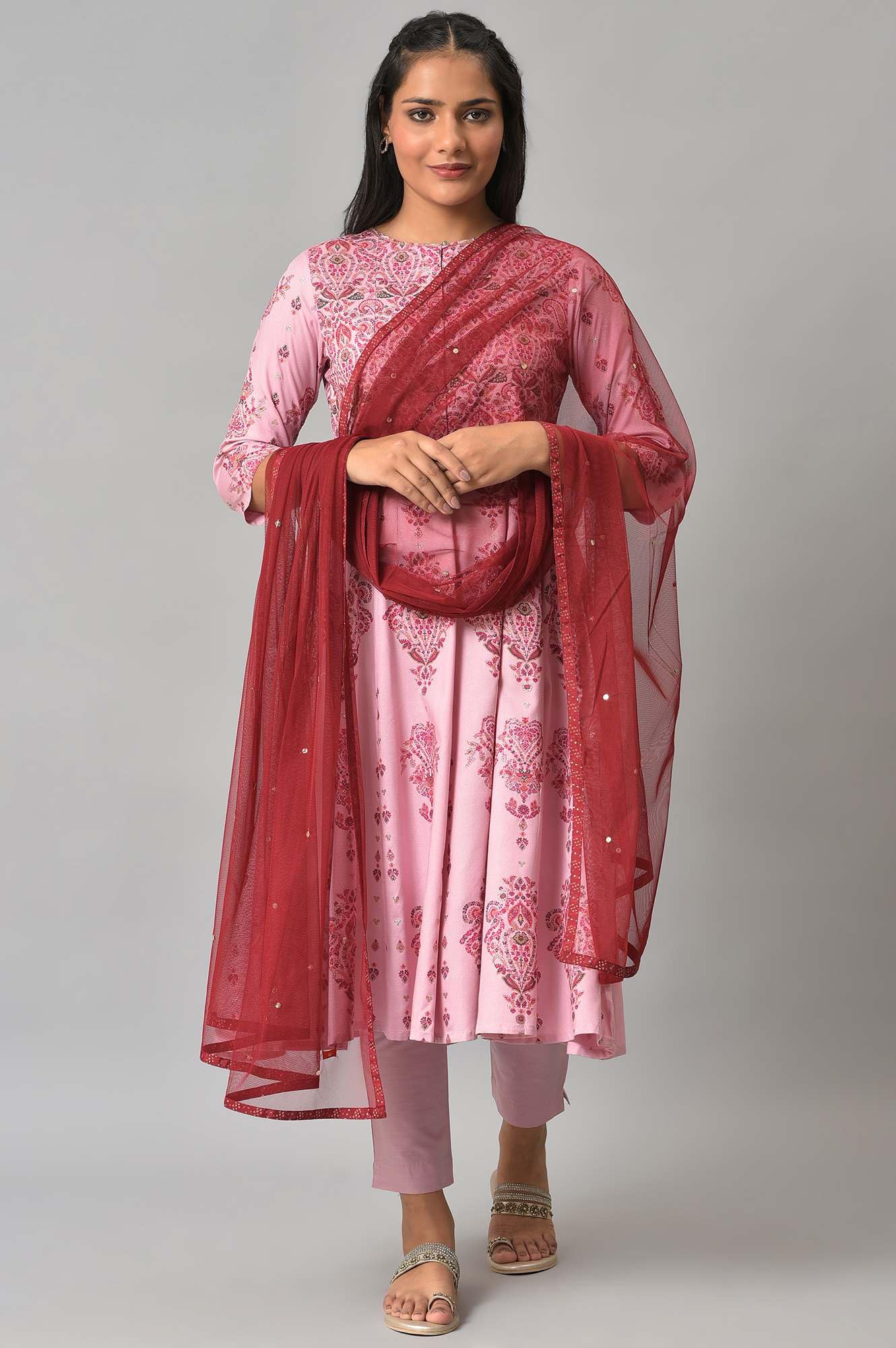 W For Women Maroon Mesh Dupatta With Printed Border_22AUW81694-218233_Free Size