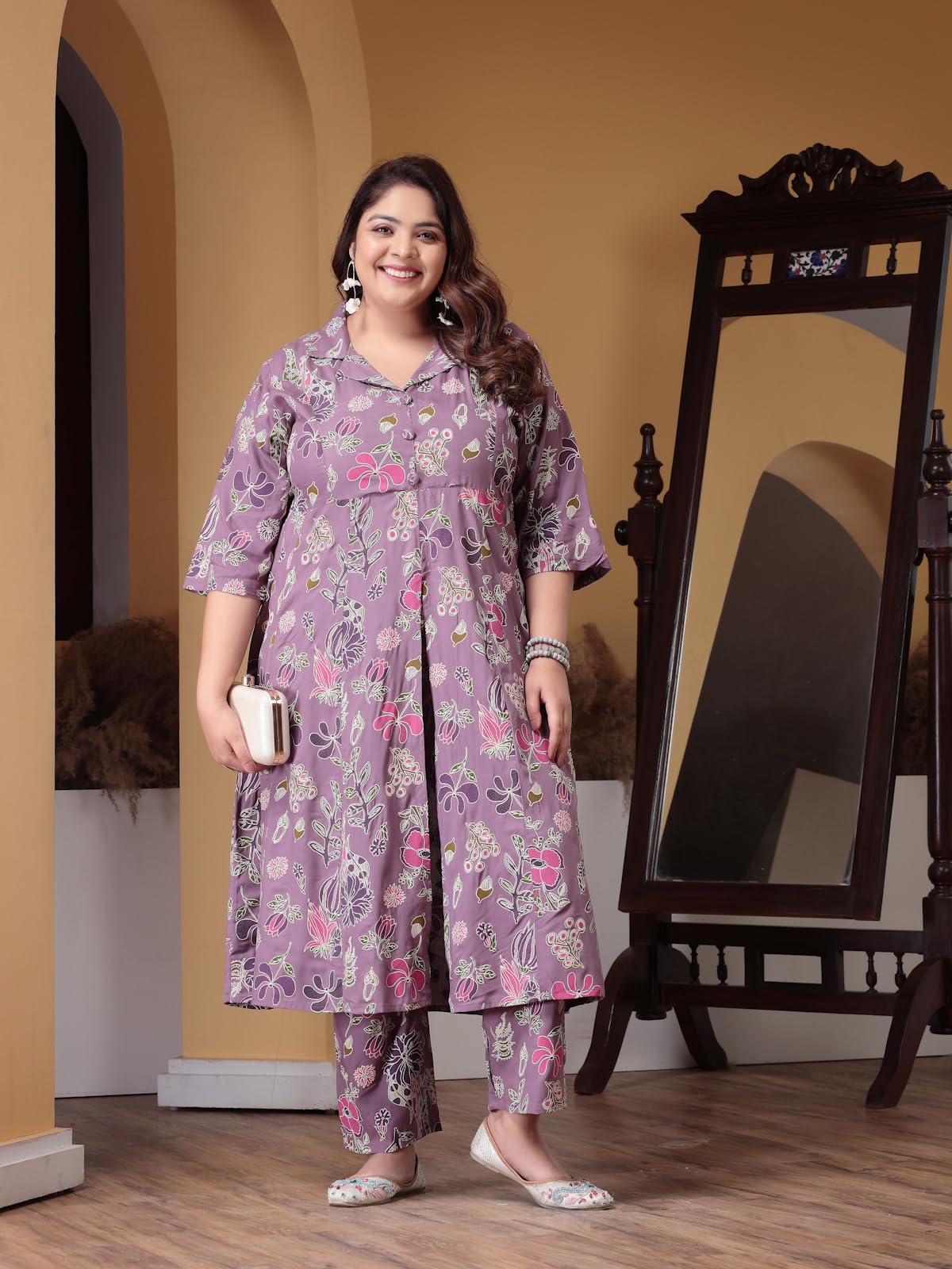 Stylum Women's Plus Size Floral Printed Rayon Kurta Pant Set