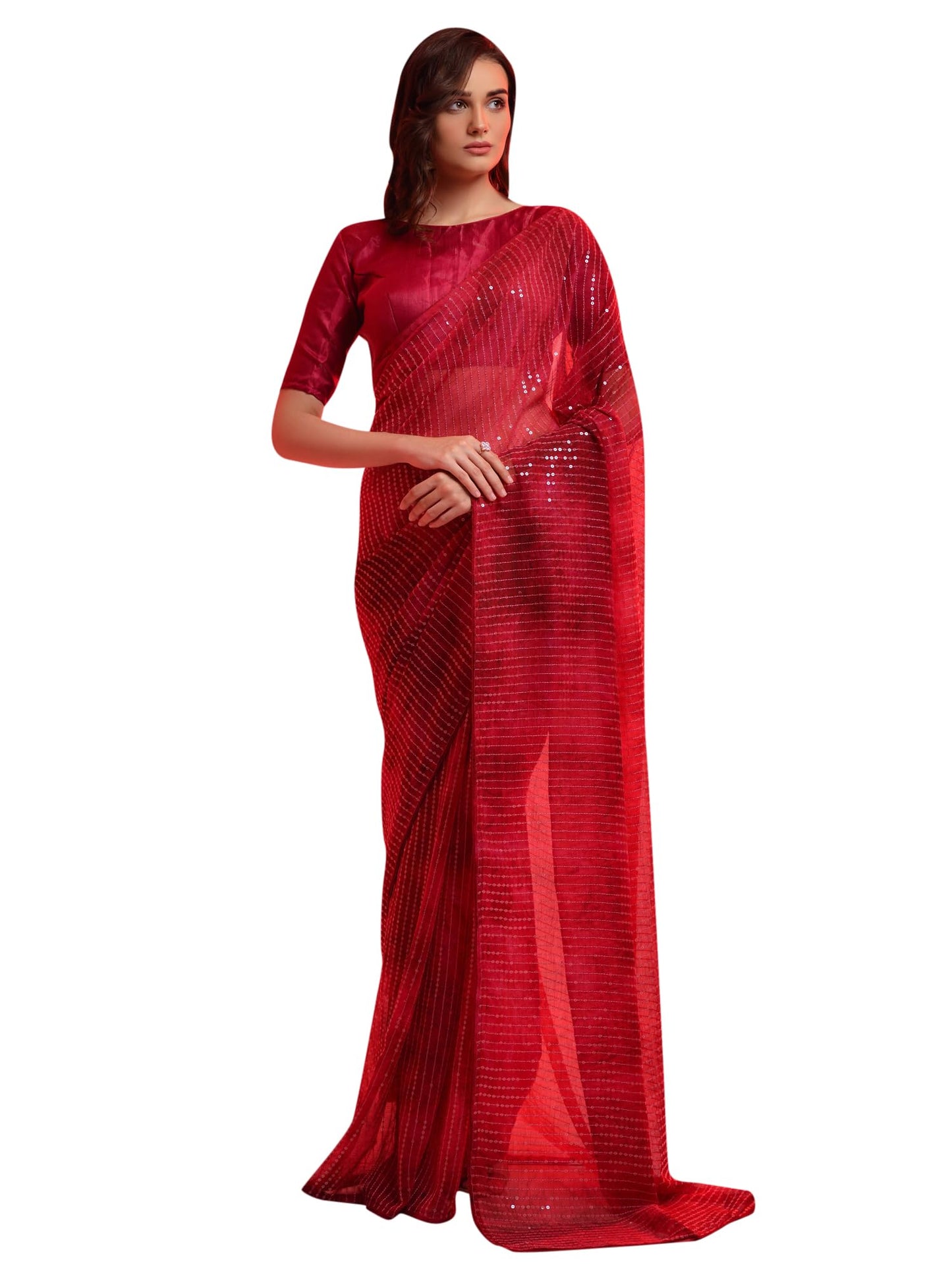 AKHILAM Women's Embellished Sequins Georgette Saree With Unstitched Blouse Piece (Red_PRIZAM153_VP)
