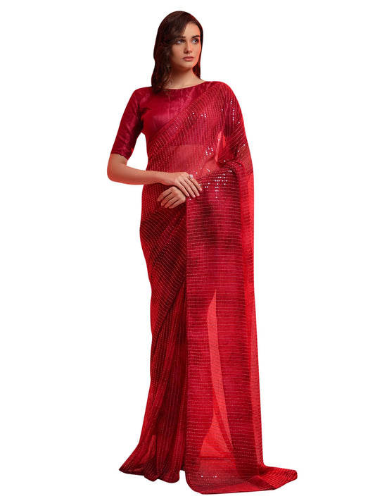 AKHILAM Women's Embellished Sequins Georgette Saree With Unstitched Blouse Piece (Red_PRIZAM153_VP)