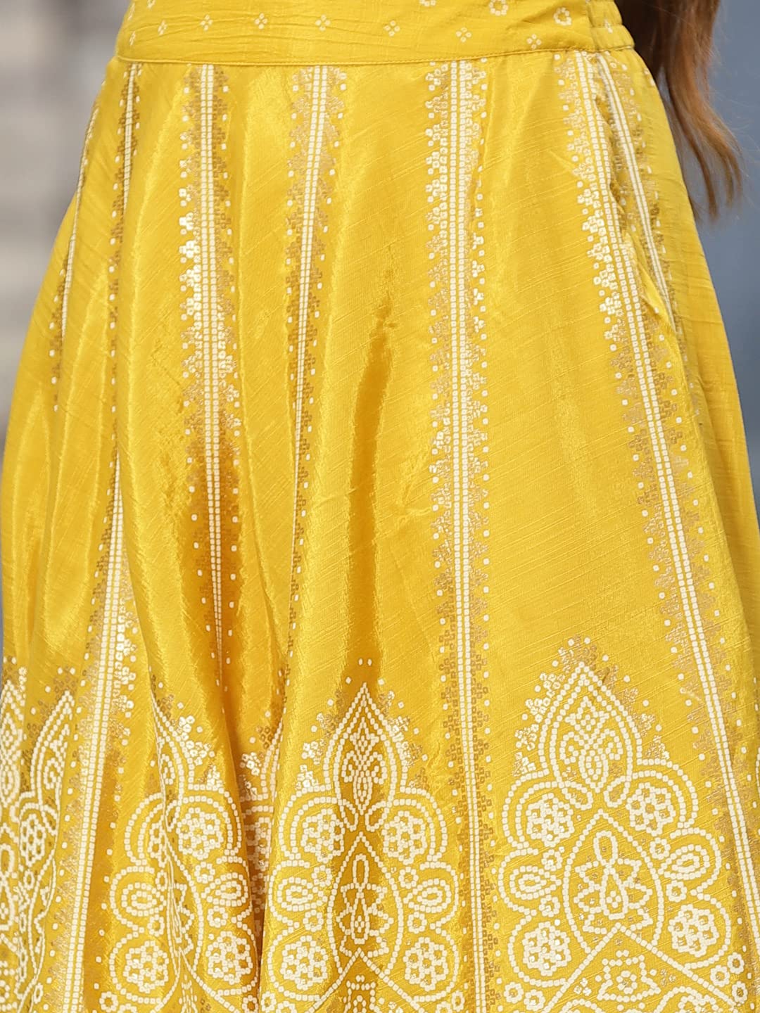 Juniper Women's Mustard Santoon Slub Festive Printed Crop Lehenga Choli Dupatta Set-XXL