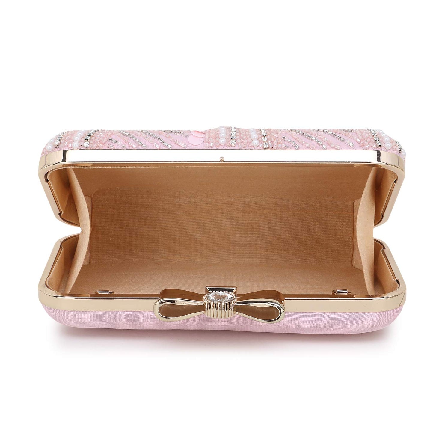 Anekaant Adorn Baby Pink & White Embellished Faux Silk Clutch