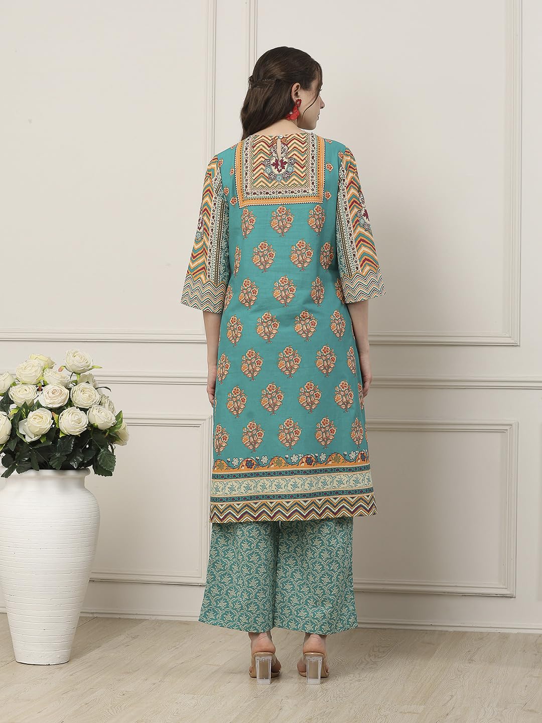 Biba Women Green Cotton Straight Suit Set_38