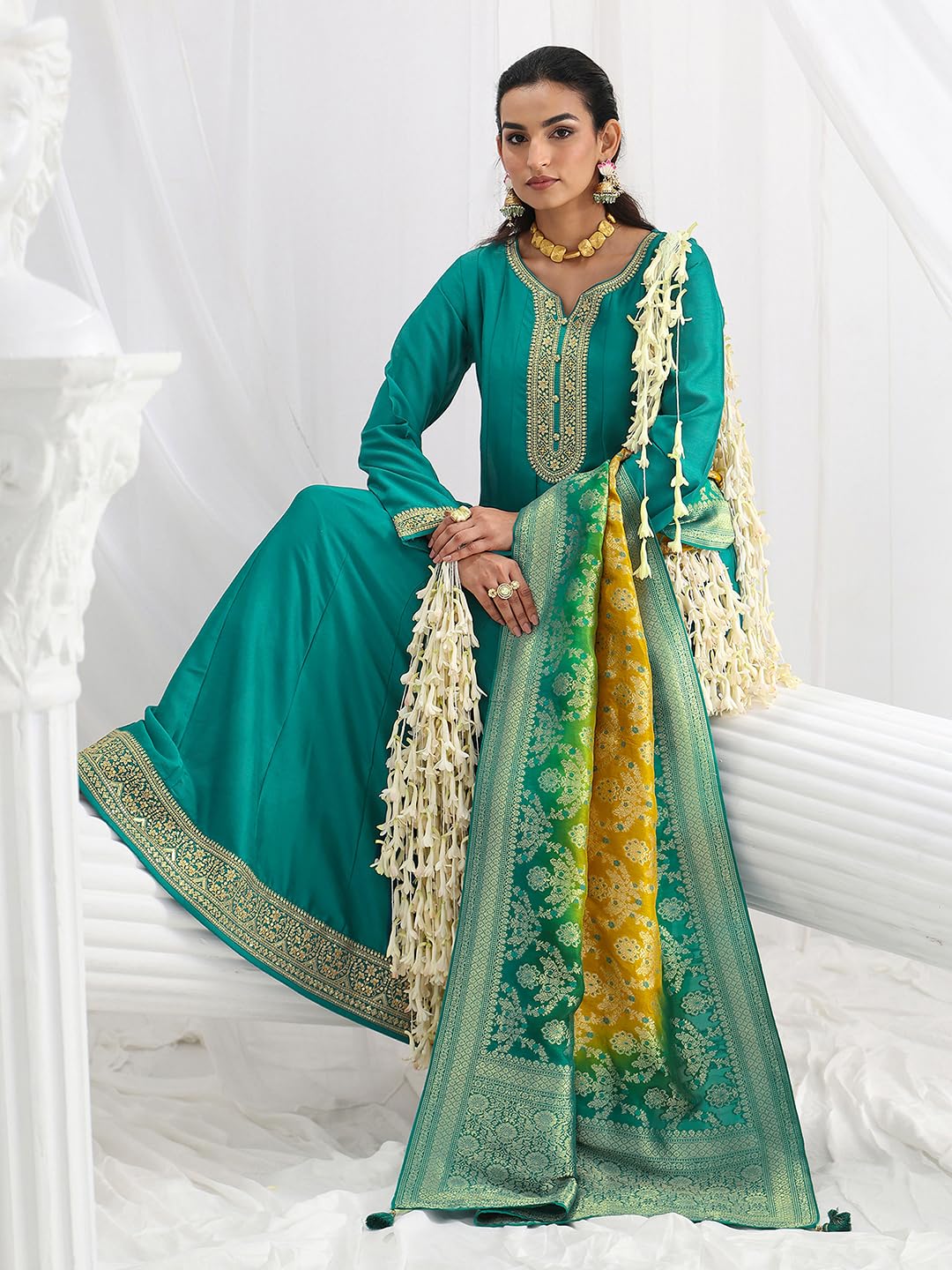 Libas Embroidered Silk Blend A-Line Ethnic Dress with Dupatta-93606M