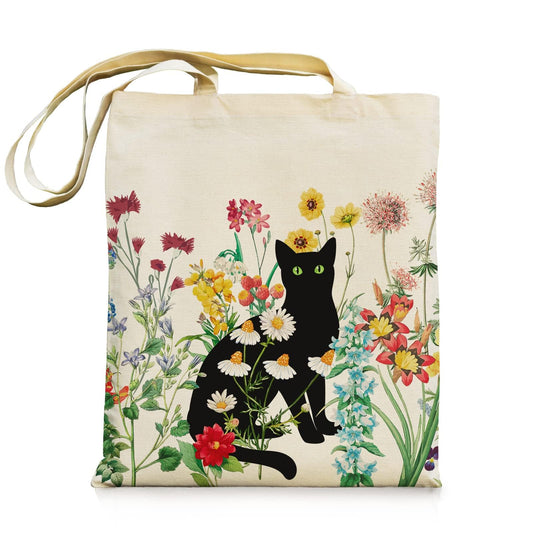 bmuvghi Black Cat Canvas Tote Bag with Zipper Pockets Vintage Flowers Cute Tote Bag Aesthetic Reusable Shopping Grocery Bags Birthday Gifts for Women