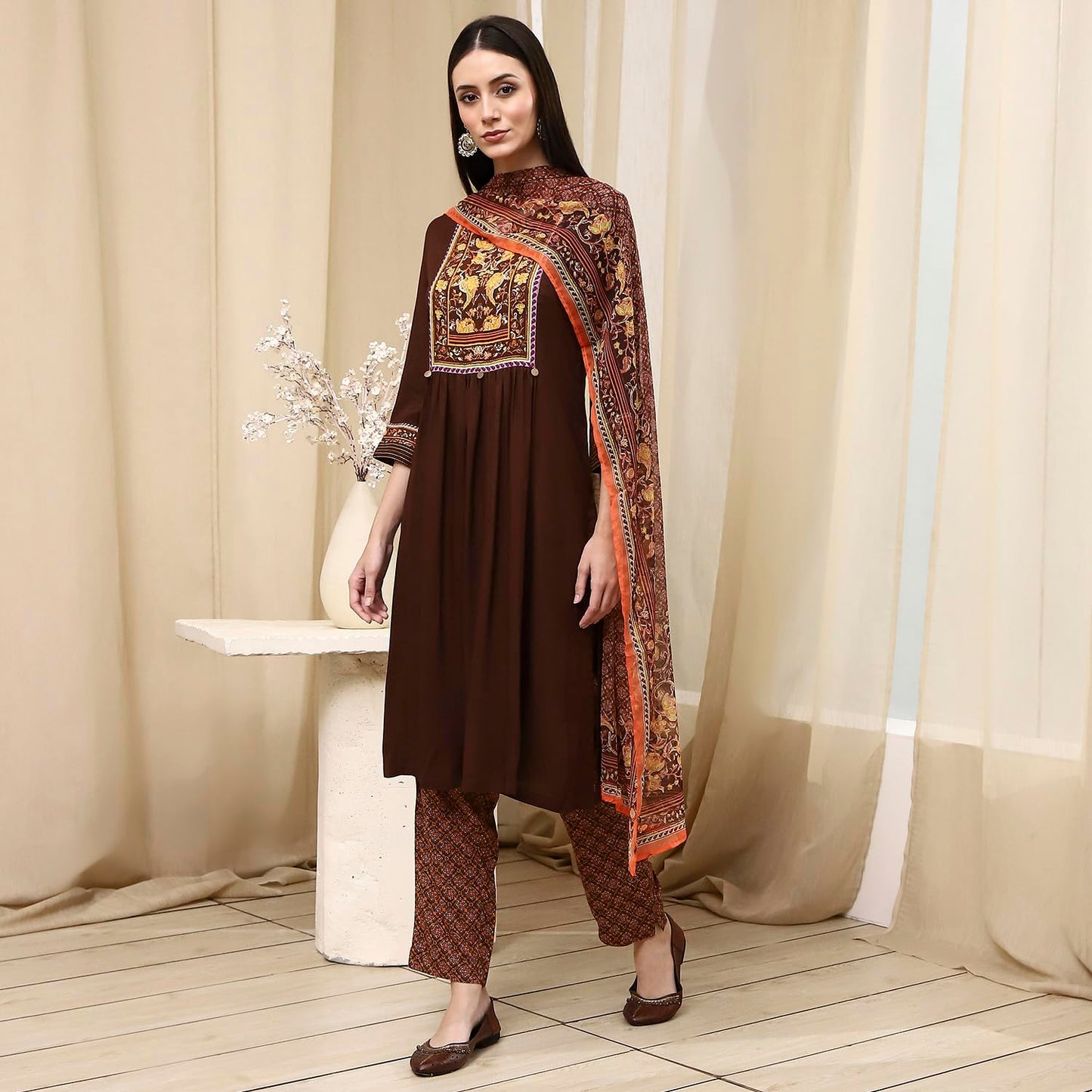 Biba Women Brown Rayon Viscose Narrow Kurta Set_46