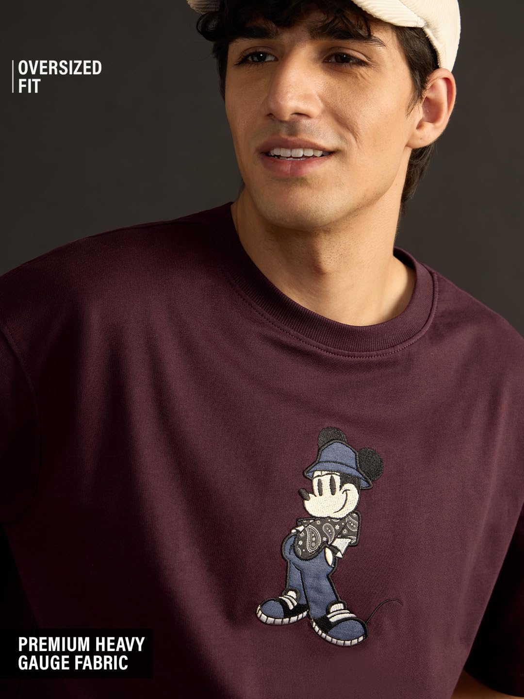 The Souled Store Mickey Mouse: Applique Mickey Men and Boys Short Sleeves Round Neck Red Embroidered Casual Streetwear Drop Shoulder Cotton Oversized T-Shirt