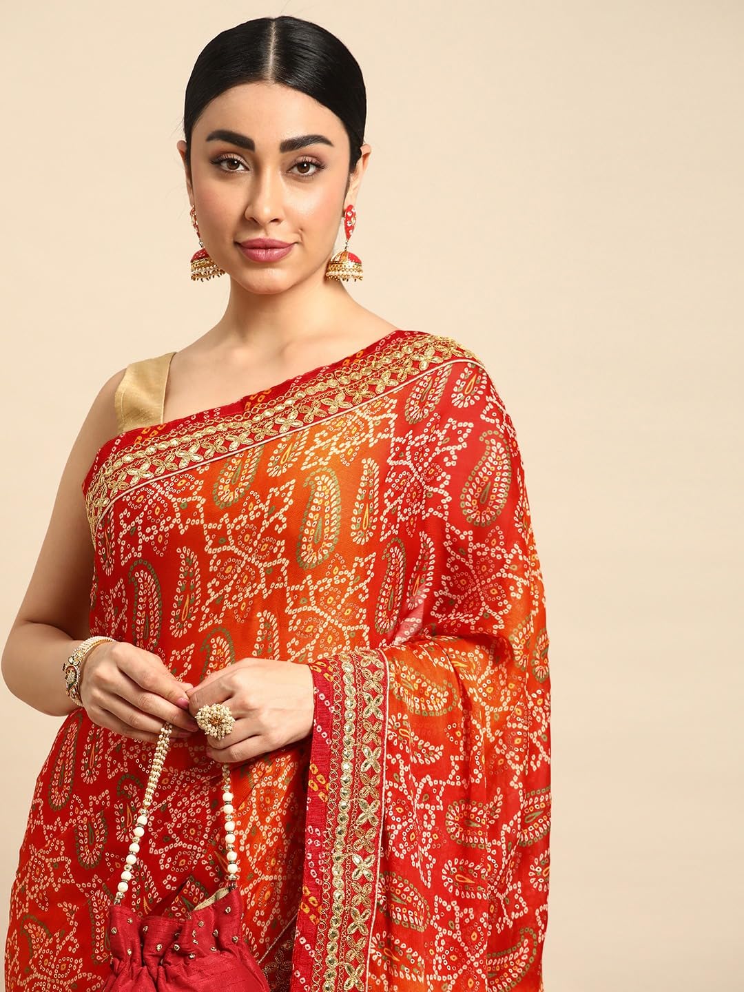Pandadi Saree Silk Women's Orange Bandhani Saree With Delicate Lace Border&Unstitched Blouse Piece
