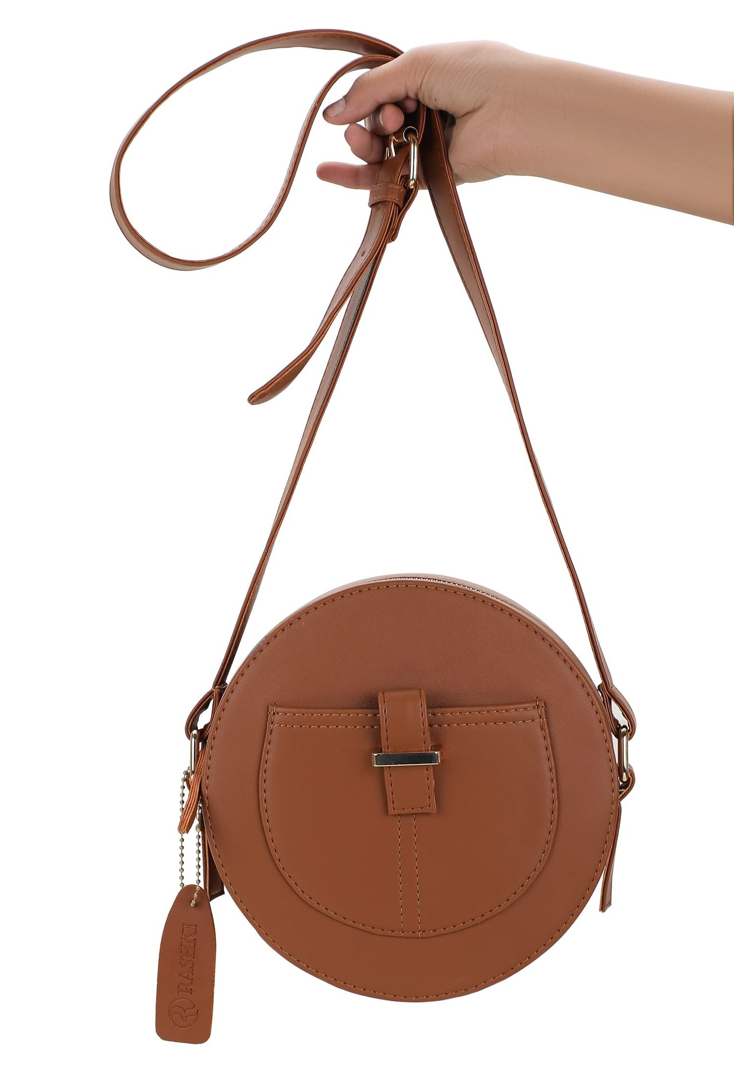 RASHKI TERRA - Womens Vegan Leather Sling Bag| Spacious Compartment| Perfect for Daily Use| Travel | Party| Round Bag | Zipper closure (TAN)