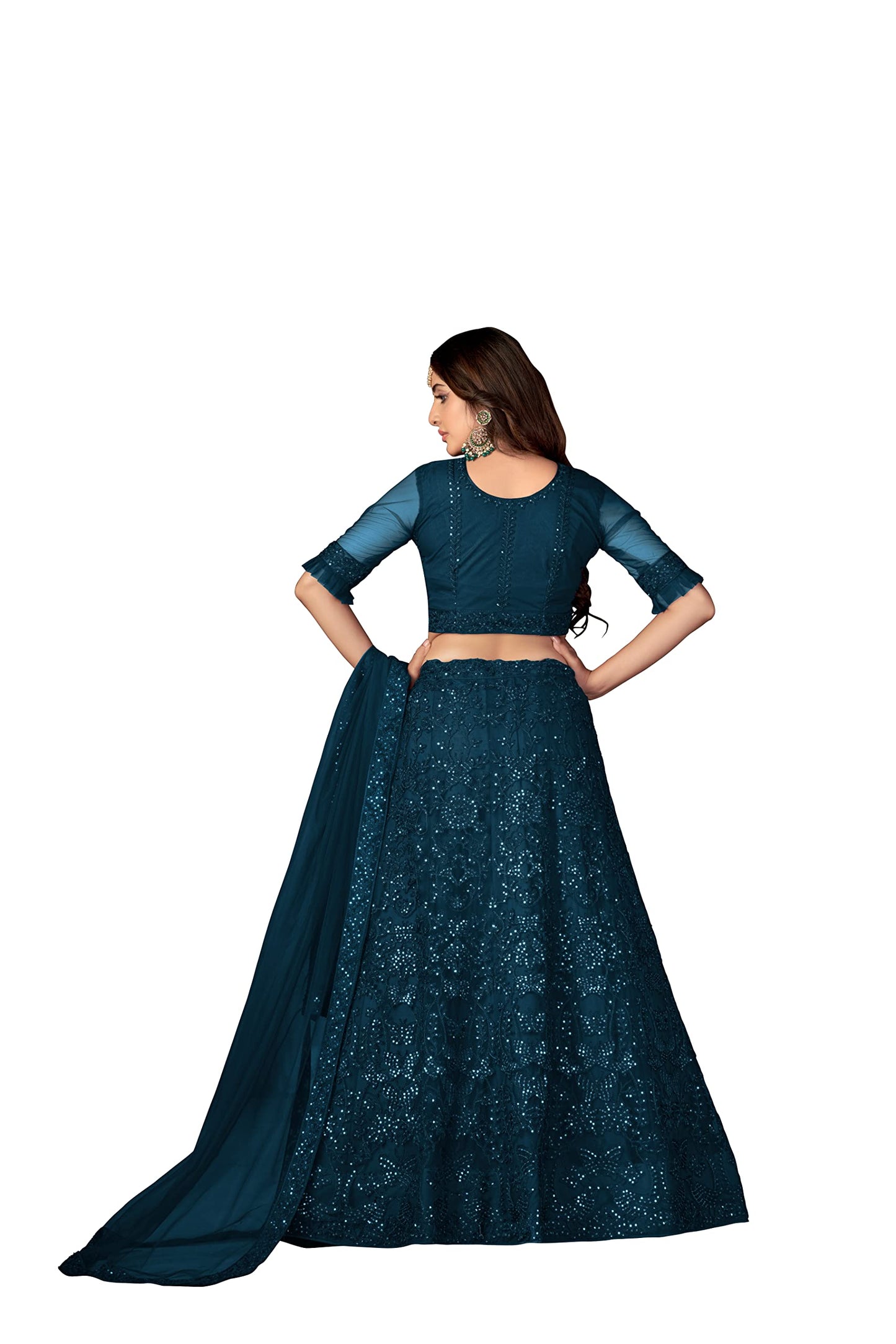 Varni Fabrics Lehenga set for Women Net Multi Embroidered Sequence Thread Work Semi Stitched Lehenga for Women Wedding Ethnic Traditional Party Lehenga Choli with Dupatta| turquoise blue |Free Size