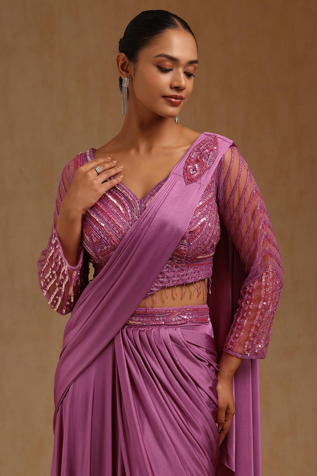 Soch Womens Onion Pink Spandex Solid Ready To Wear Saree
