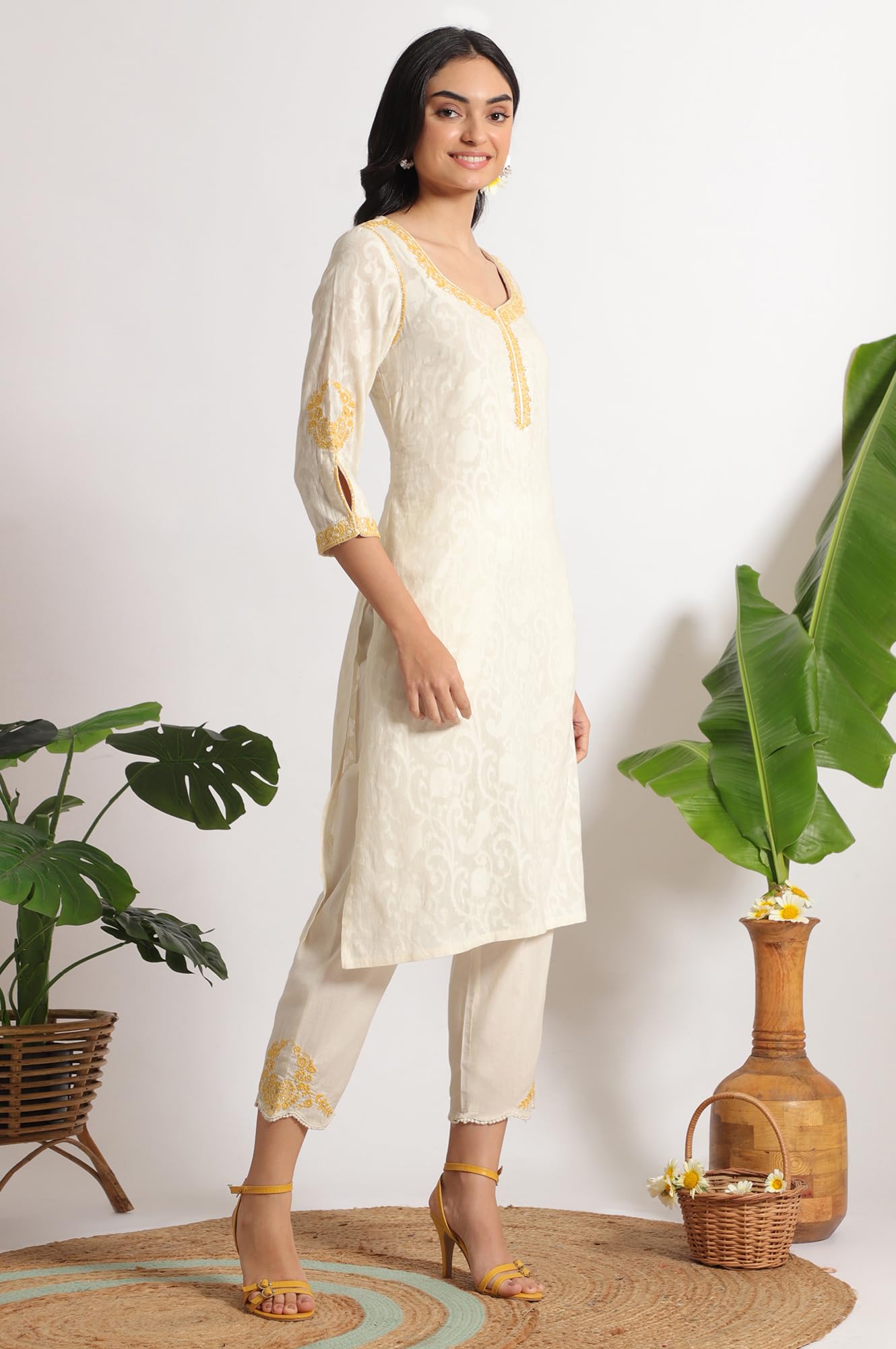 W for Woman White Embroidered Jacquard Straight Kurta, Pants and Dupatta Set (Size: XS)-WS12365-223273