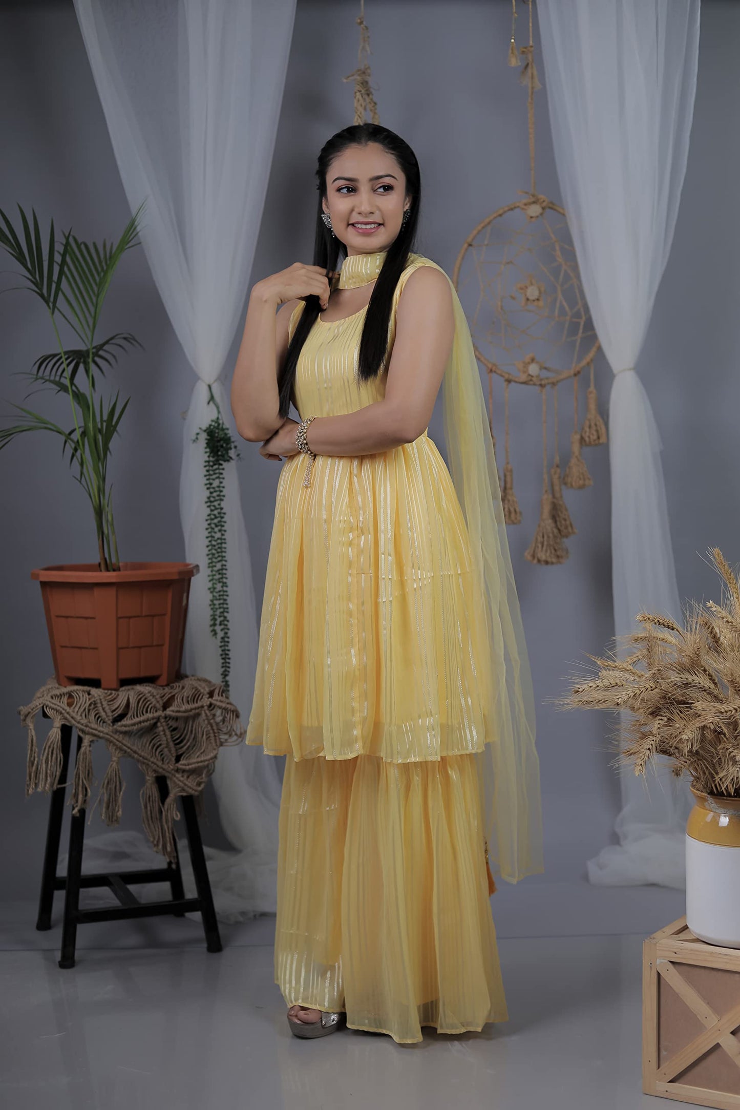 Sashay Boutique Women's Georgette Silk Blend Kurta Sharara and Dupatta Set/Readymade Kurta Sharara Dupattta Set (X-Small, Yellow)