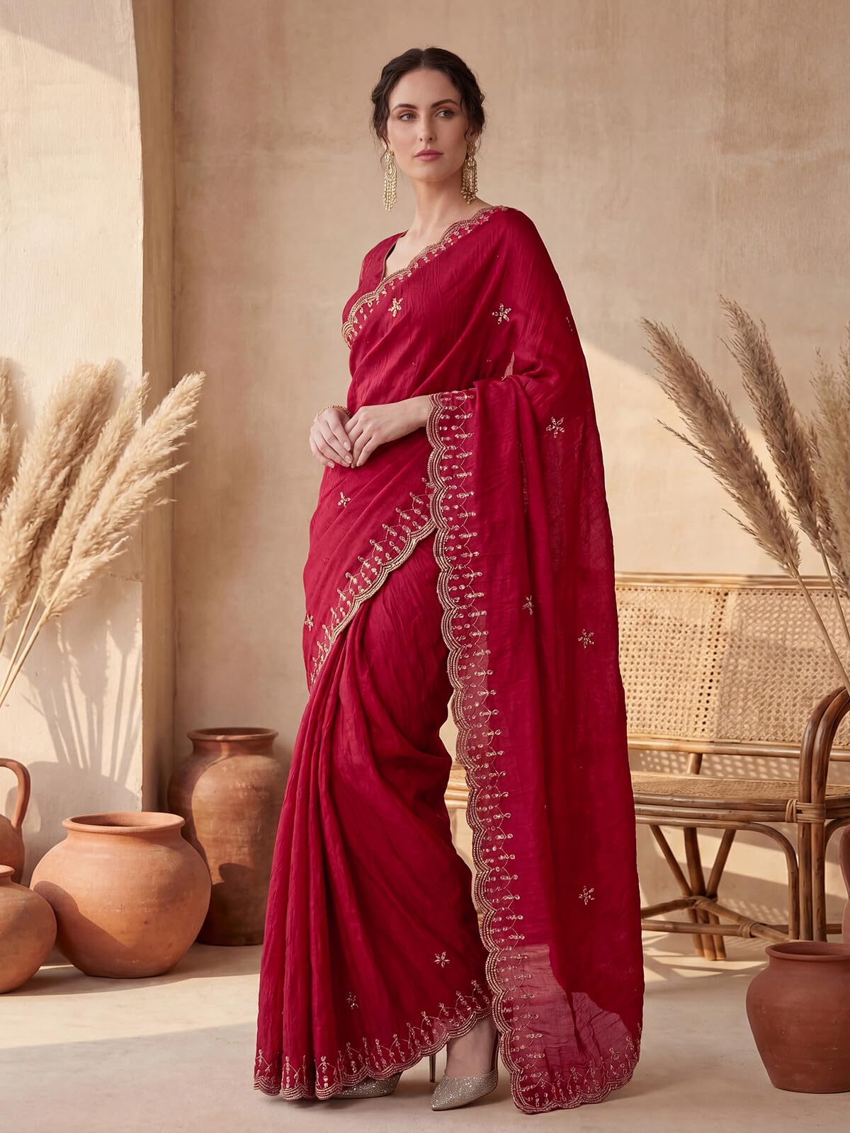 SIRIL Women's Crush Satin Scalloped Border Embellished Sequins Embroidery Saree with Unstitched Blouse Piece (4995S1162A_Red)