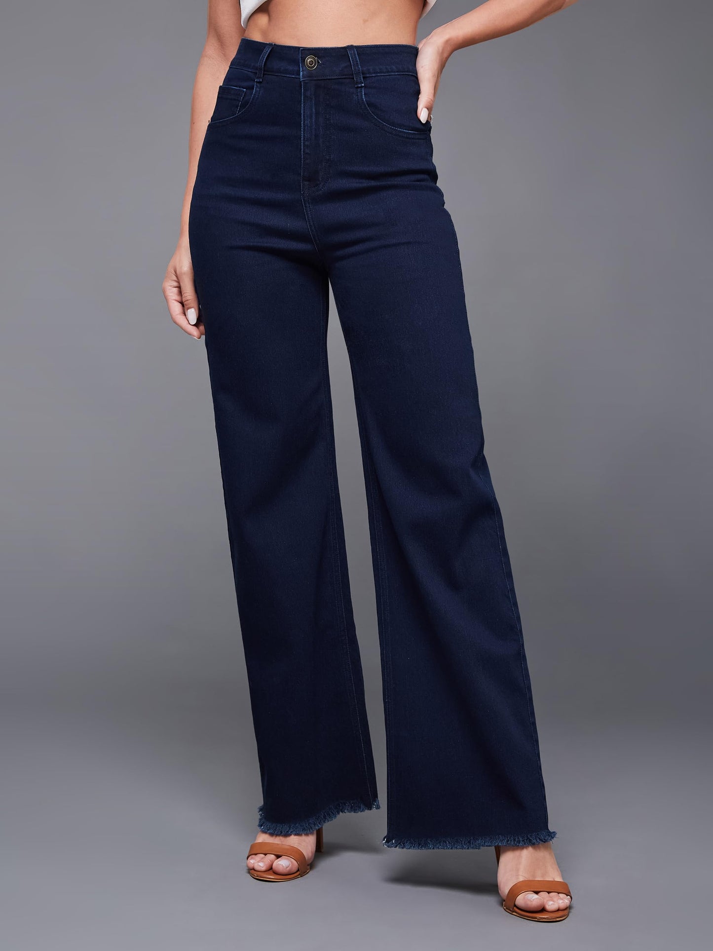 Miss Chase Women's Wide-Leg High-Rise Regular-Length Stretchable Denim Jeans (MCSS22DEN12-36-319-38, Midnight Blue, 38)