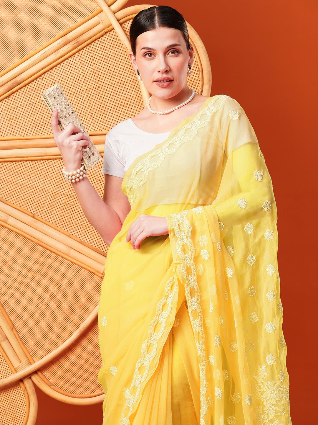 Ada Women Hand Embroidered Lucknowi Chikankari Georgette Saree With Unstitched Blouse Piece A129556, Yellow