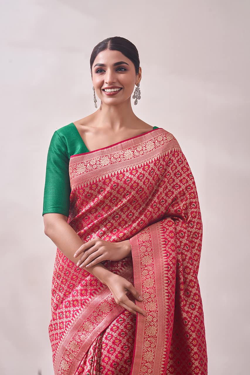 MOHEY Saree for Women, All Over Jaal, Bordered Saree with Blouse Piece, Weave Art Silk Sari (Rani)