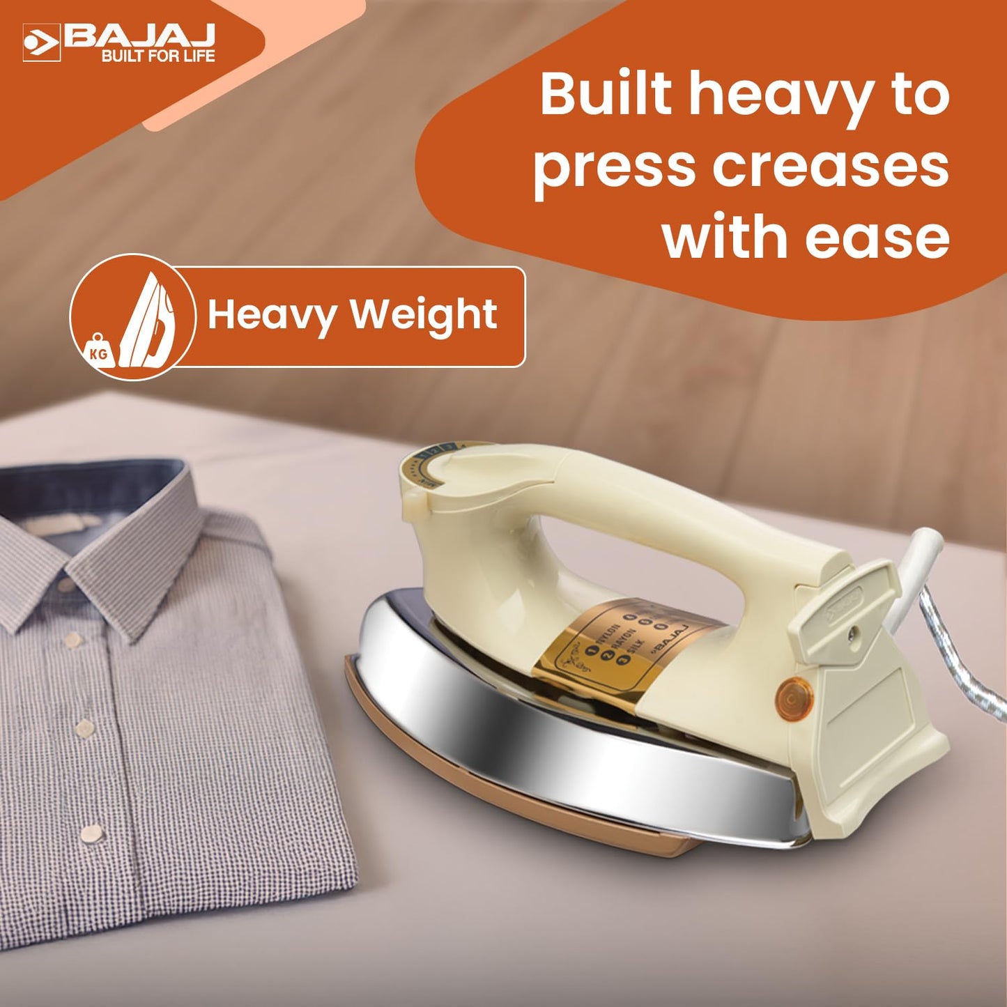 Bajaj DHX-9 1000W Heavy Weight Dry Iron | Advance Soleplate And Anti-Bacterial German Coating Technology | Multiple Temperature Levels | 2 Yr Warranty 【Ivory】