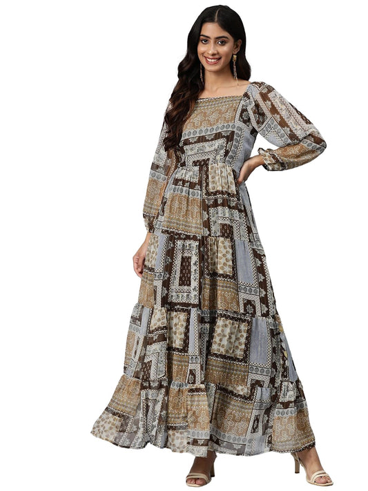 Cottinfab Women Brown Ethnic Motifs Print 3/4 Puff Sleeve Georgette Maxi Dress
