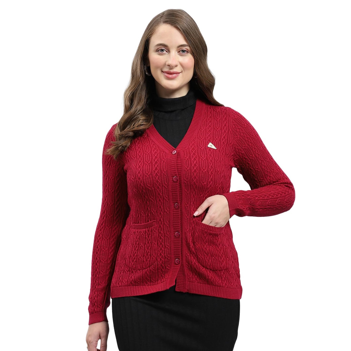 Monte Carlo Womens Self Design V Neck Wool Blend Cardigan Maroon L