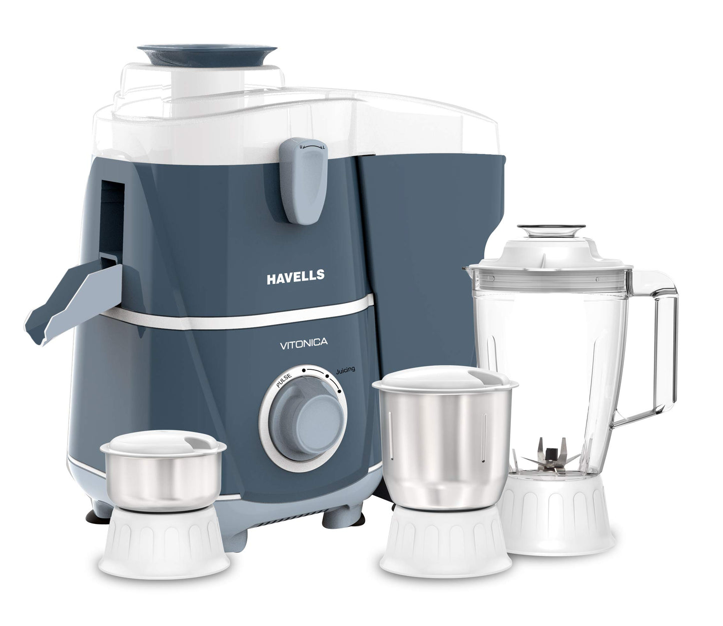 Havells Vitonica 500Watts Juicer Mixer Grinder with 3 Bigger Size Jars | Rust Resistant 304SS Sieve | Large Size Pulp Container | 1.75 Ltr Break Resistant Jar | 5 Yr Motor Manufacturer Warranty (Blue)