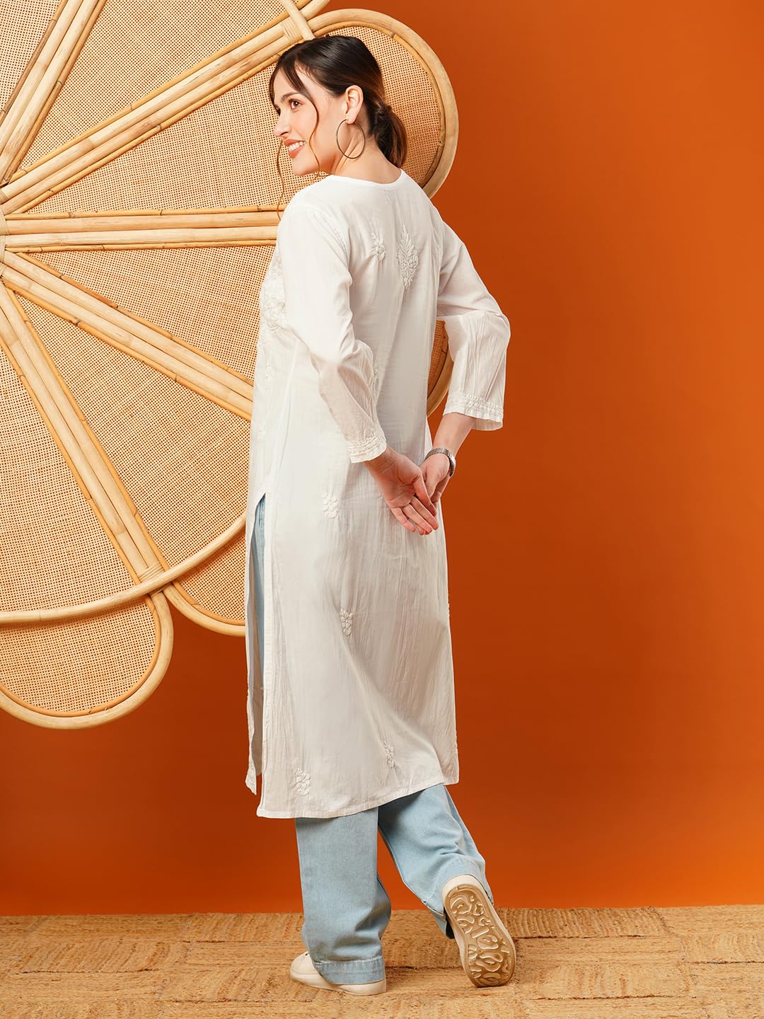 Ada Women's Hand Embroidered Lucknow Chikankari Pure Cotton Kurta Kurti A342031 (White, 2XL)