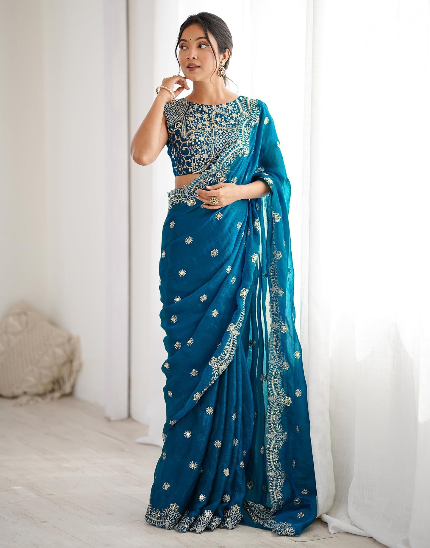 SIRIL Women's Sequence Embroidery Chiffon Saree With Unstitched Blouse Pieces (4856S151-Blue)