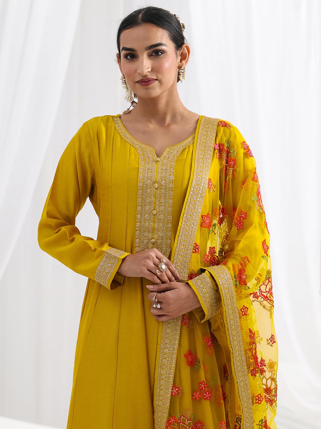 Libas Embroidered Silk Blend A-Line Ethnic Dress with Dupatta-93611M