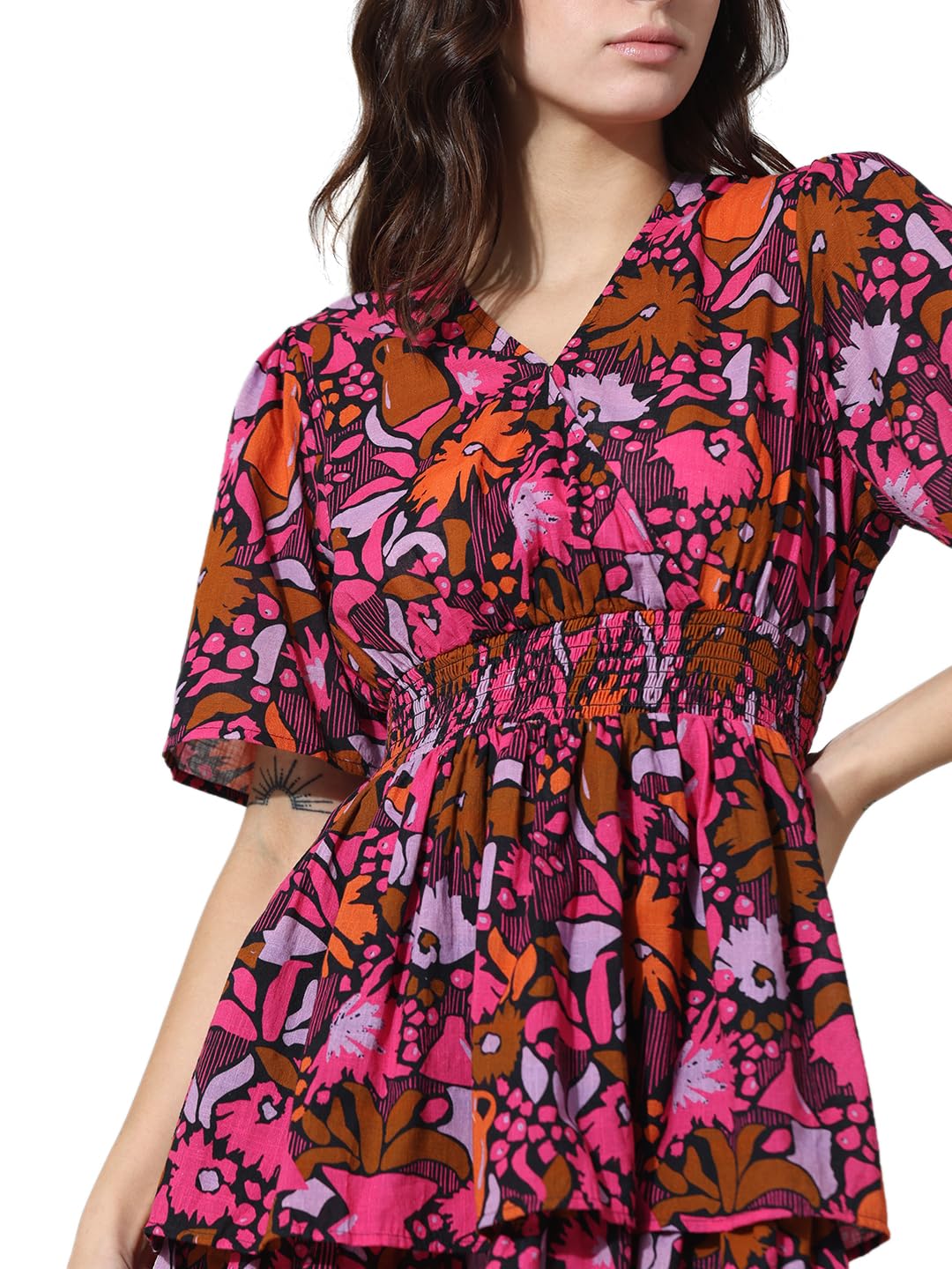 ONLY Women Printed Cotton Above Knee Pink Tiered Dress