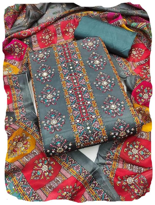 Rubani Women's Pakistani Unstitched Salwar Suit Dress Material Featuring Soft Chinon Fabric and Timeless Floral Prints(Free Size, Grey)