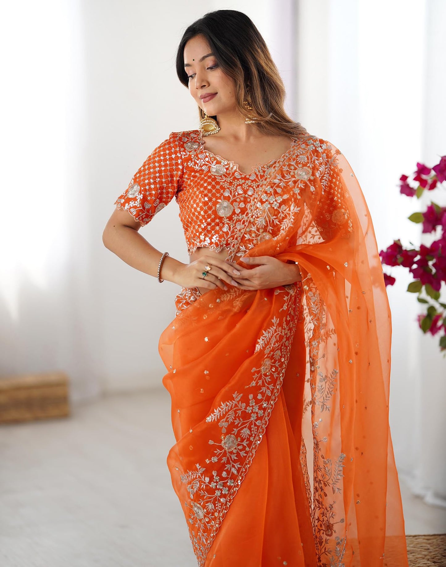 SIRIL Women's Organza Sequence Embroidery Saree With Unstitched Blouse Piece (4472S116_Orange)