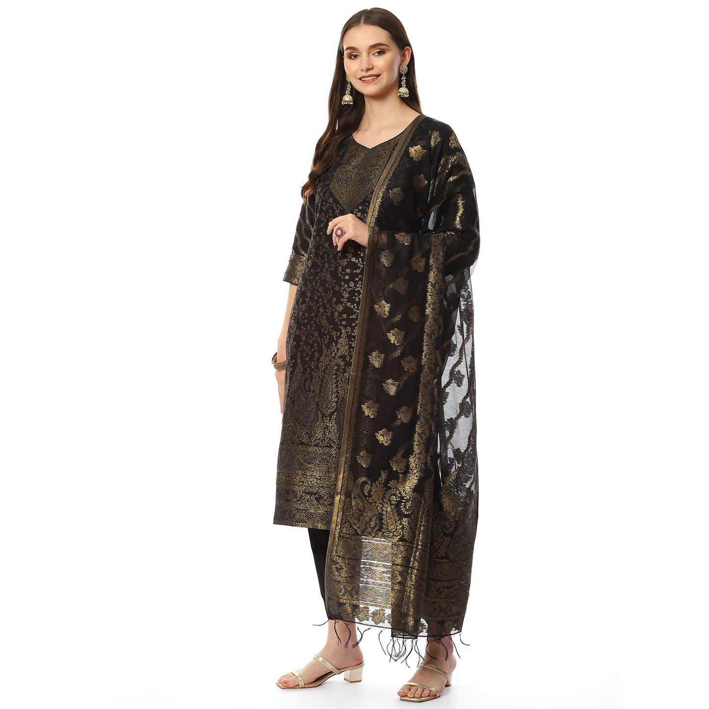 BIBA WOMEN YARNDYED NARROW SALWAR KURTA DUPATTA(SKDASSORTED8387_BLACK_38)