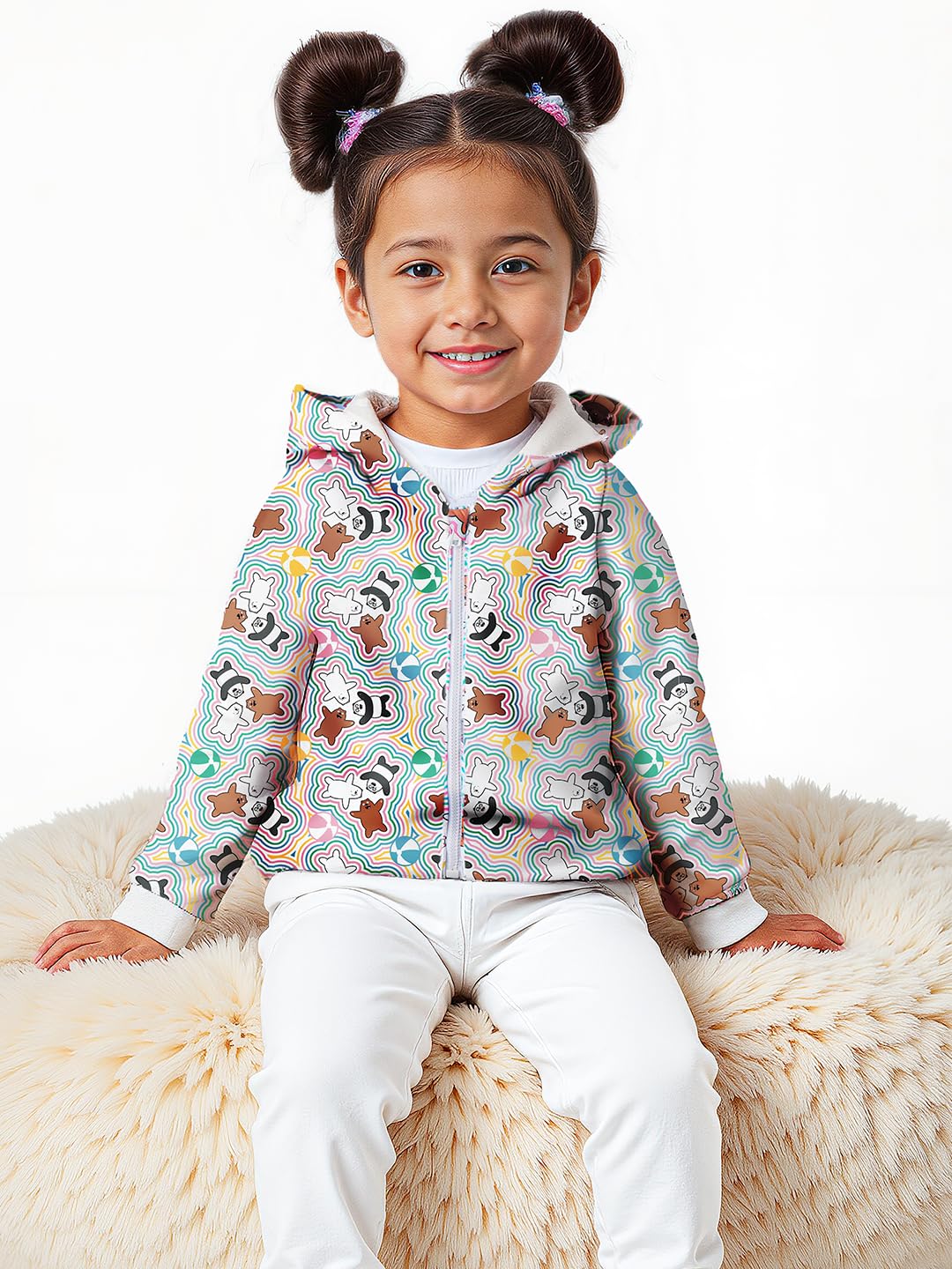 The Souled Store Official We Bare Bears: Happy Vibes Long Sleeve Hooded Detachable Neck Cotton Puffer Jackets Grey