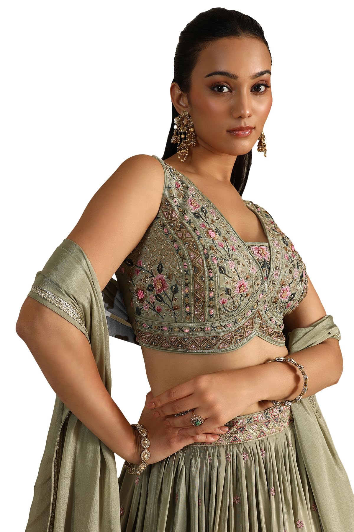 Soch Women's Crepe Lehenga Choli Set (OWS5CD21814_Sap Green_XL)