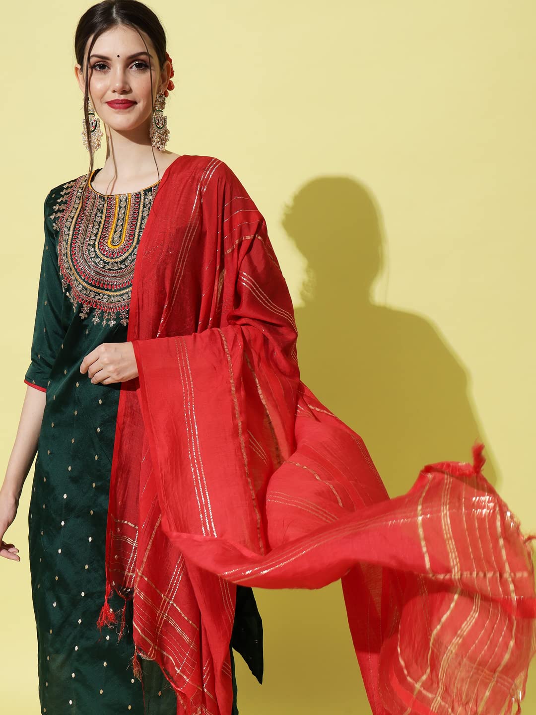 VredeVogel Women's Silk Blend Embroidered Straight Kurta & Trousers Pant With Dupatta (Green_X-Large, Regular Fit)