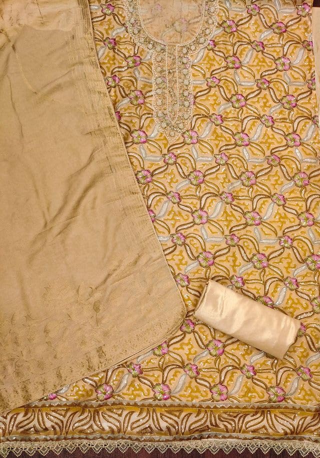 VARNI FABRICS Organza Dress Material for Women Floral Print Unstitched Woman Salwar Suit Dress Material With Organza Dupatta Beige