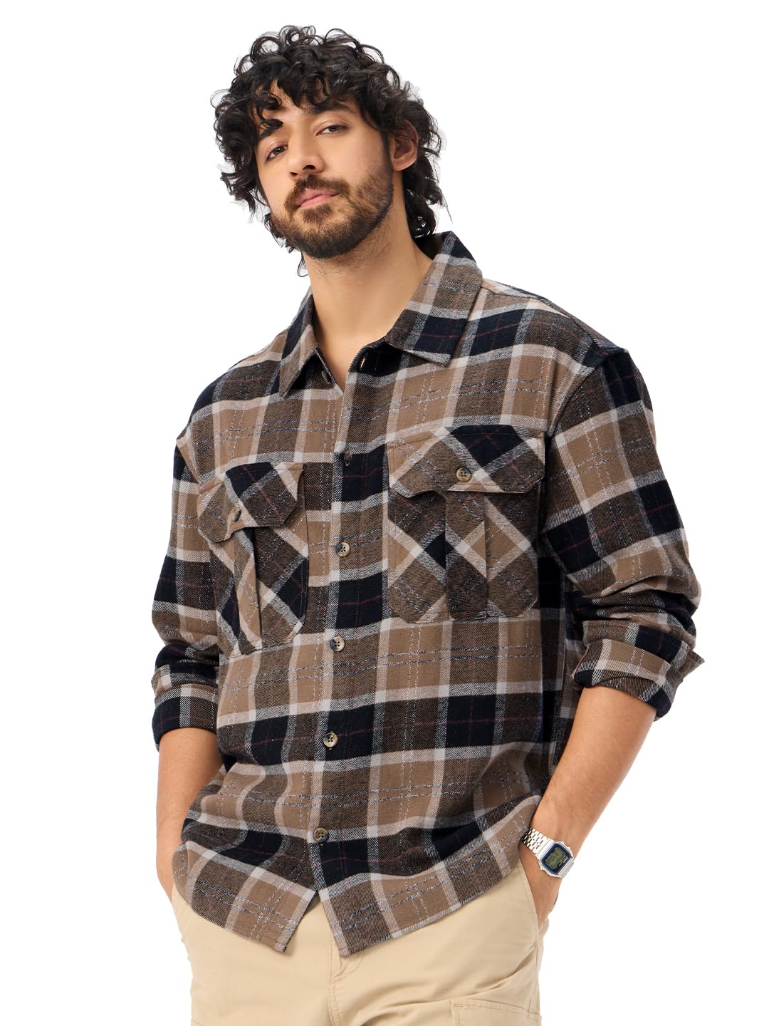 The Souled Store Russet Men and Boys Long Sleeves Collared Neck Button Front Plaid Cotton Oversized Flannel Shackets