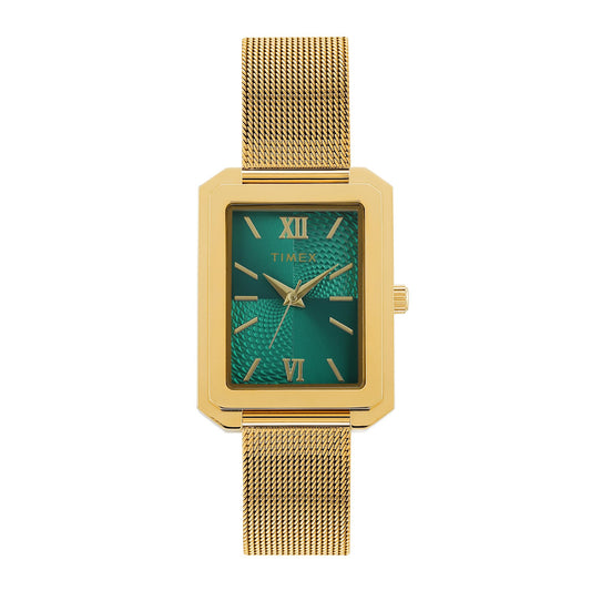 TIMEX Analog Watch for Women with Green Dial & Gold Stainless Steel Bracelet Band - Water Resistant Women's Wrist Watches -TWEL233SMU04