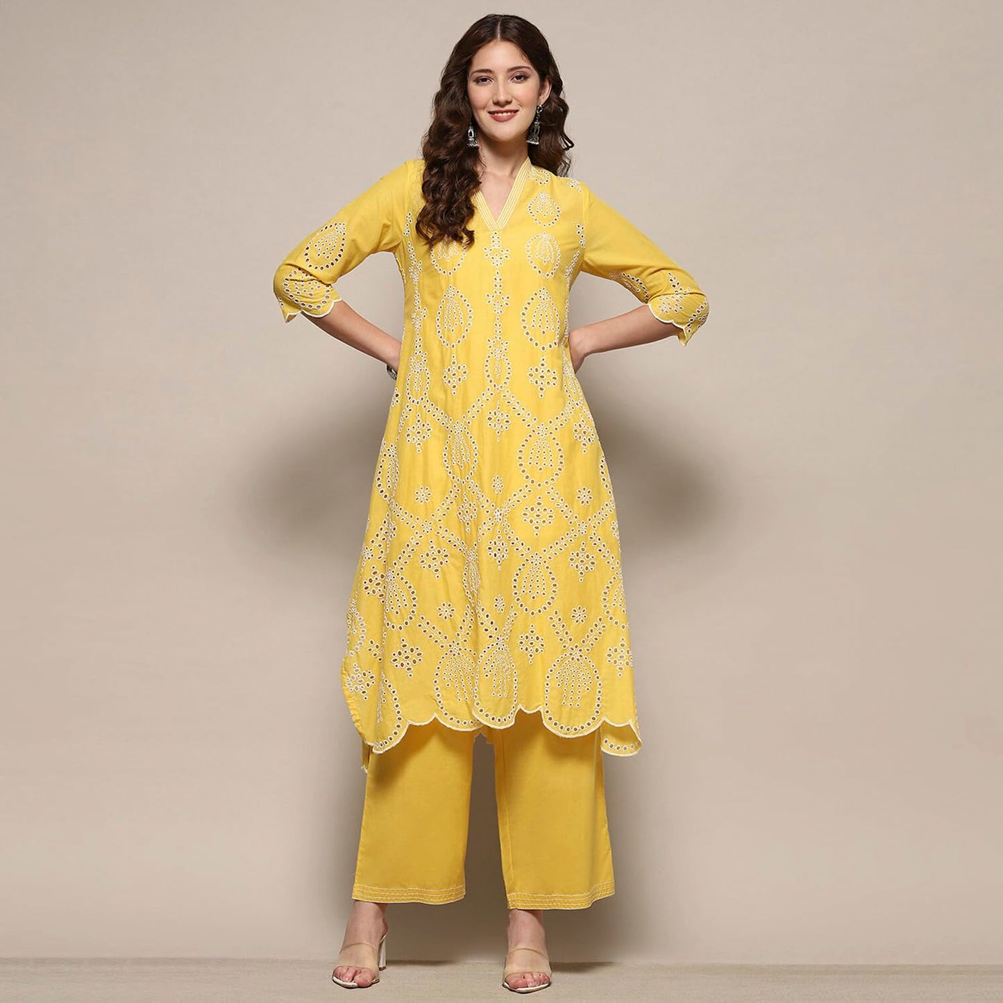 BIBA Women Cotton Asymmetric Embroidered Suit Set