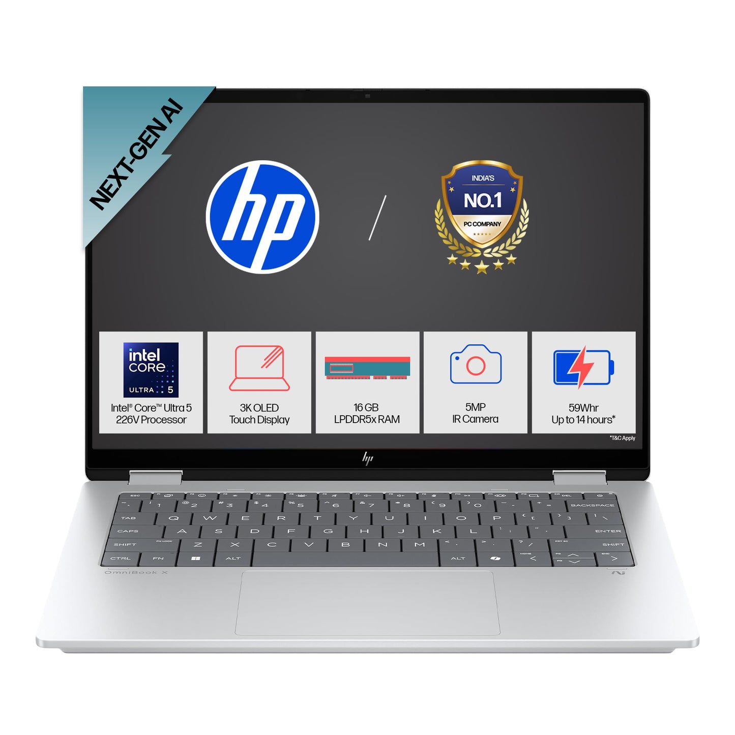 HP OmniBook X Flip (Previously Envy), Intel Core Ultra 5 226V, 40 Tops, (16GB LPDDR5X, 512GB SSD) 3K, OLED, 14''/35.6cm, Touch, Win11, Office24, Silver,1.38kg, fm0058TU, 5MP Camera, Next Gen AI Laptop