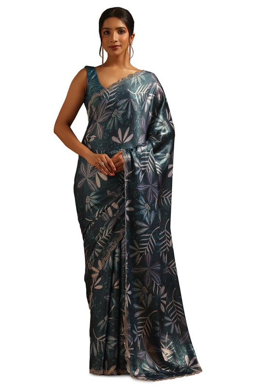 Soch Womens Blue Satin Botanical Saree With Stone Work