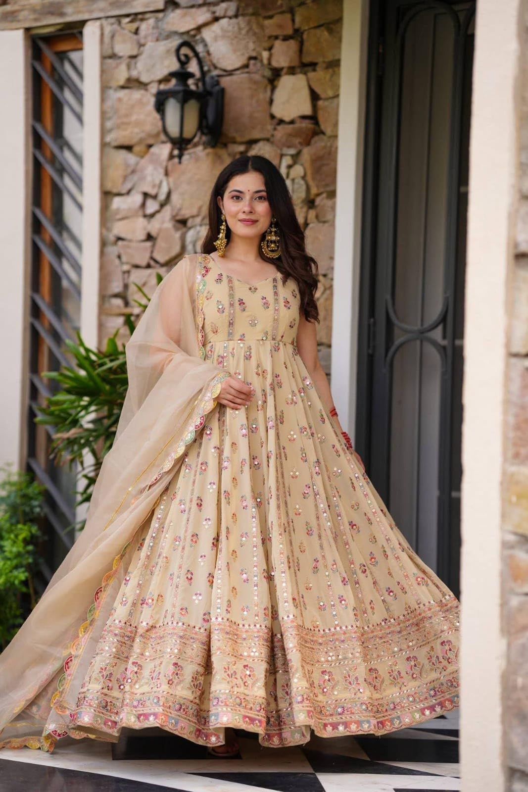 Womens Beautiful Simmer Full Heavy Embroidery Work Gown with Dupatta for Any Occasion for Women (in, Alpha, L, Regular, Women, Cream)