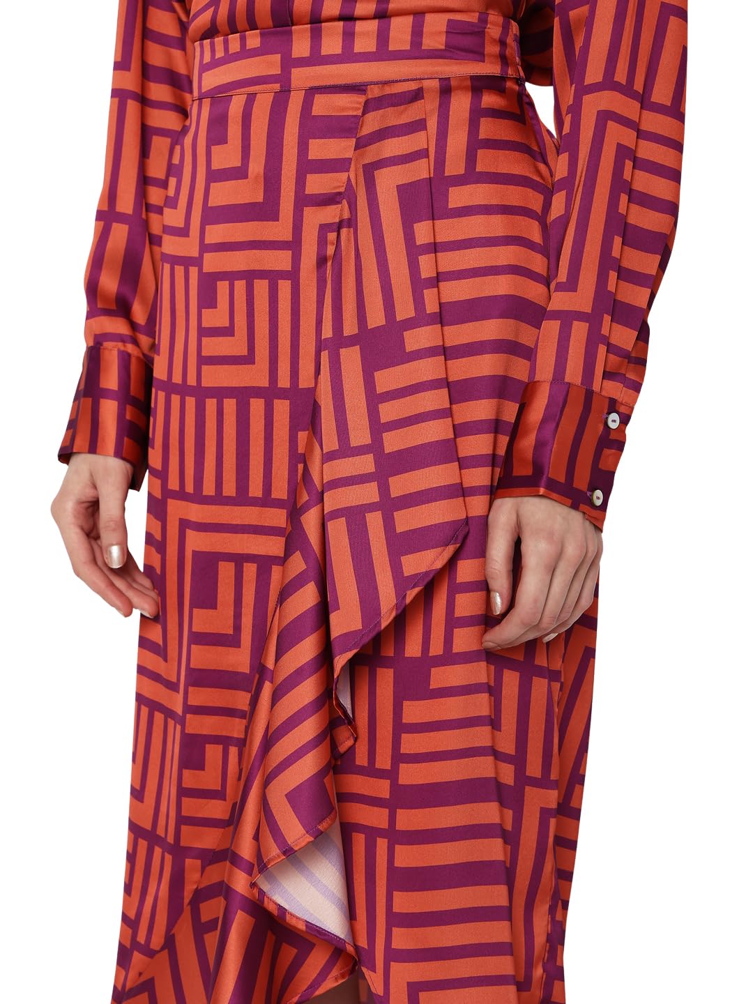 VERO MODA Women Printed Polyester Flared Midi Orange Skirt